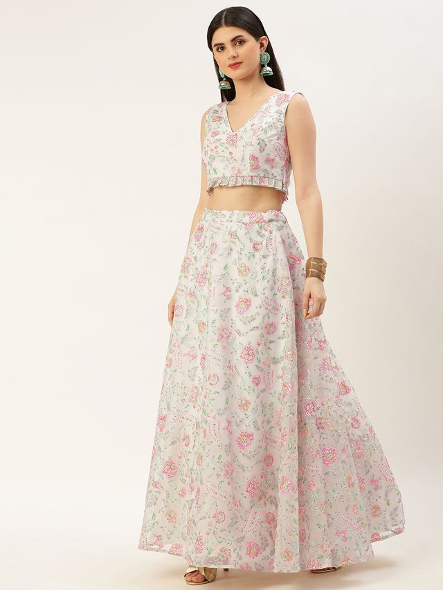 Bollywood Vogue Ready To Wear White Embroidered Organza Lehenga Set