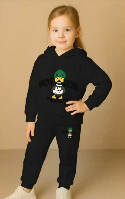 Girls' Premium Cotton Blend Black Hoodie & Jogger Set – Stylish Duck Graphic Tracksuit (Ages 0 Months to 7 Years) Luck Fashion