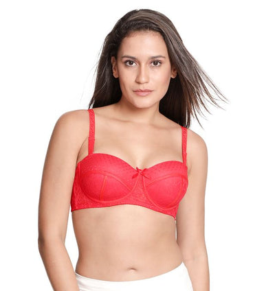 Susie Half Coverage Hot Red Lace Overlay Adjustable, Detachable, MultiwayPadded Balconette Bra