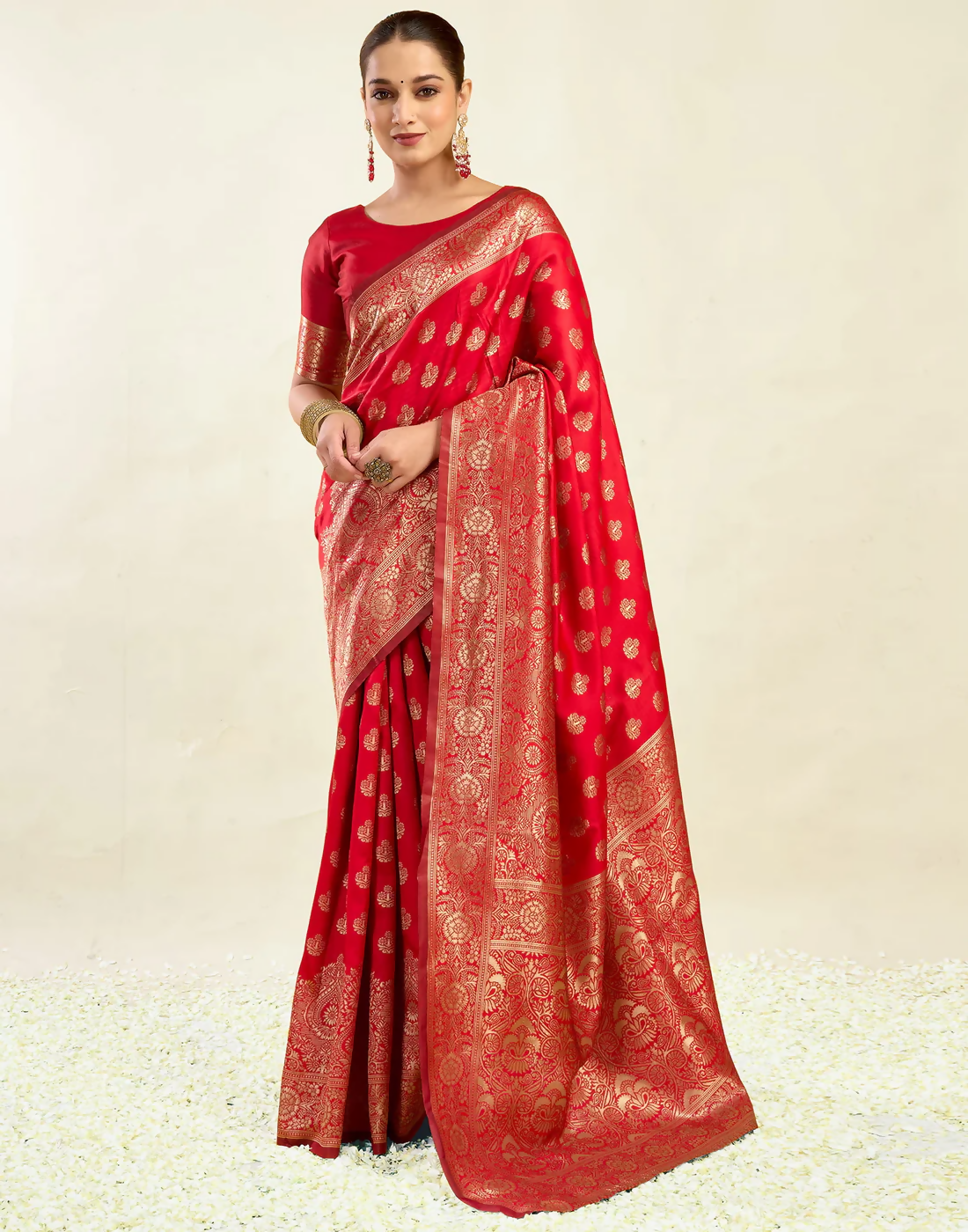 Royal Emerald Jacquard Saree with Golden Zari Work & Heavy Brocade Border