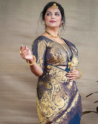 AXONIT Royal Emerald Jacquard Saree with Broad Golden Zari Border & Pallu