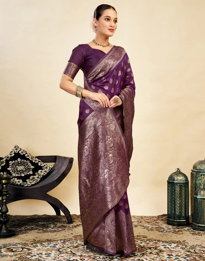 Royal Emerald Jacquard Saree with Golden Zari Work & Heavy Brocade Border