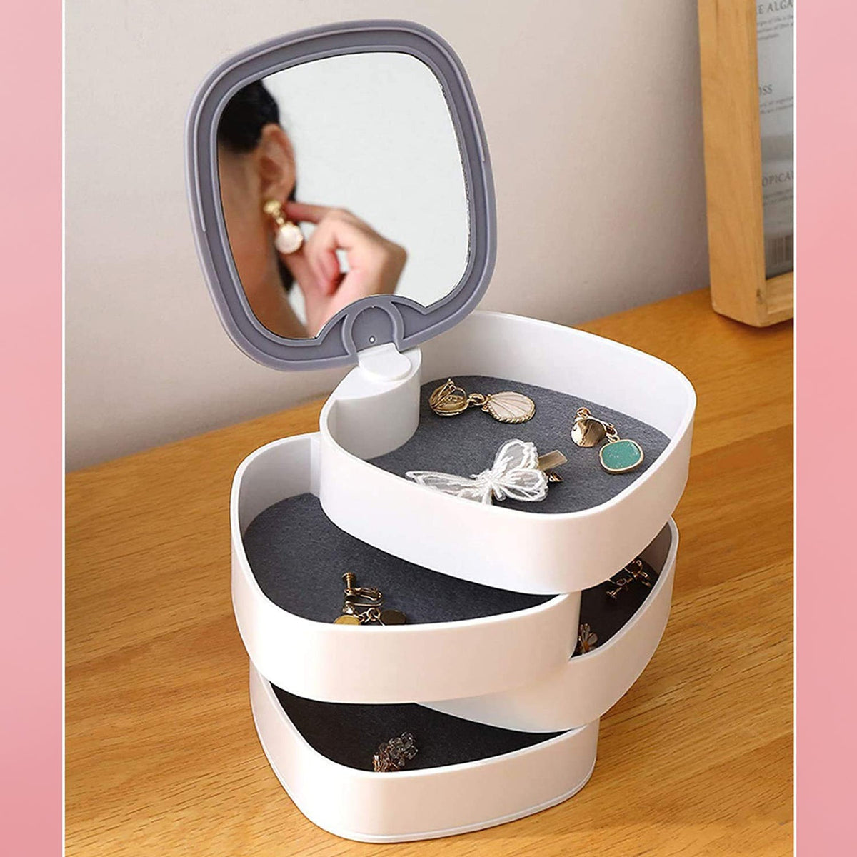 4 Layers Jewellery Box 360 Degree Rotating Jewelry Box Jewelry And Earring Organizer Box With Mirror Accessory Storage Box (Multicolor) HP DD