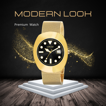 Golden Intermesh Stainless Steel Strap Analog Watch For Men LR138