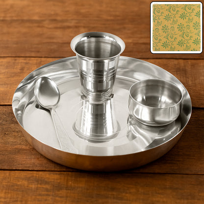 Stainless Steel Thali Set – Round Plate with Katori Bowl, Drinking Glass & Dining Spoon- (Set)