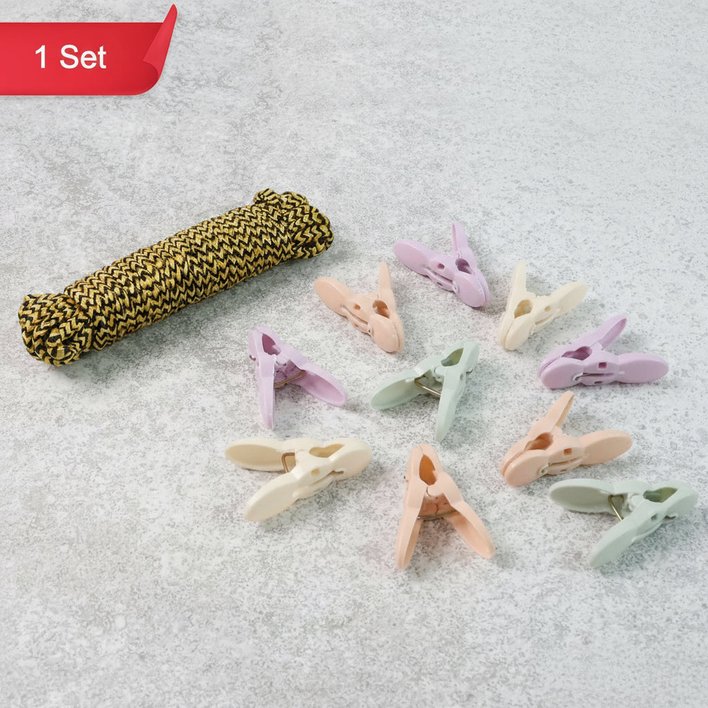 Clothes Drying Rope With Multipurpose Cloth Clips  Strong, Tangle-Resistant Laundry Line Set for Balcony (1 Set)