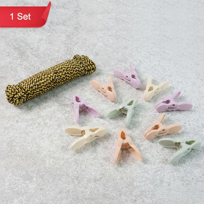 Clothes Drying Rope With Multipurpose Cloth Clips  Strong, Tangle-Resistant Laundry Line Set for Balcony (1 Set)