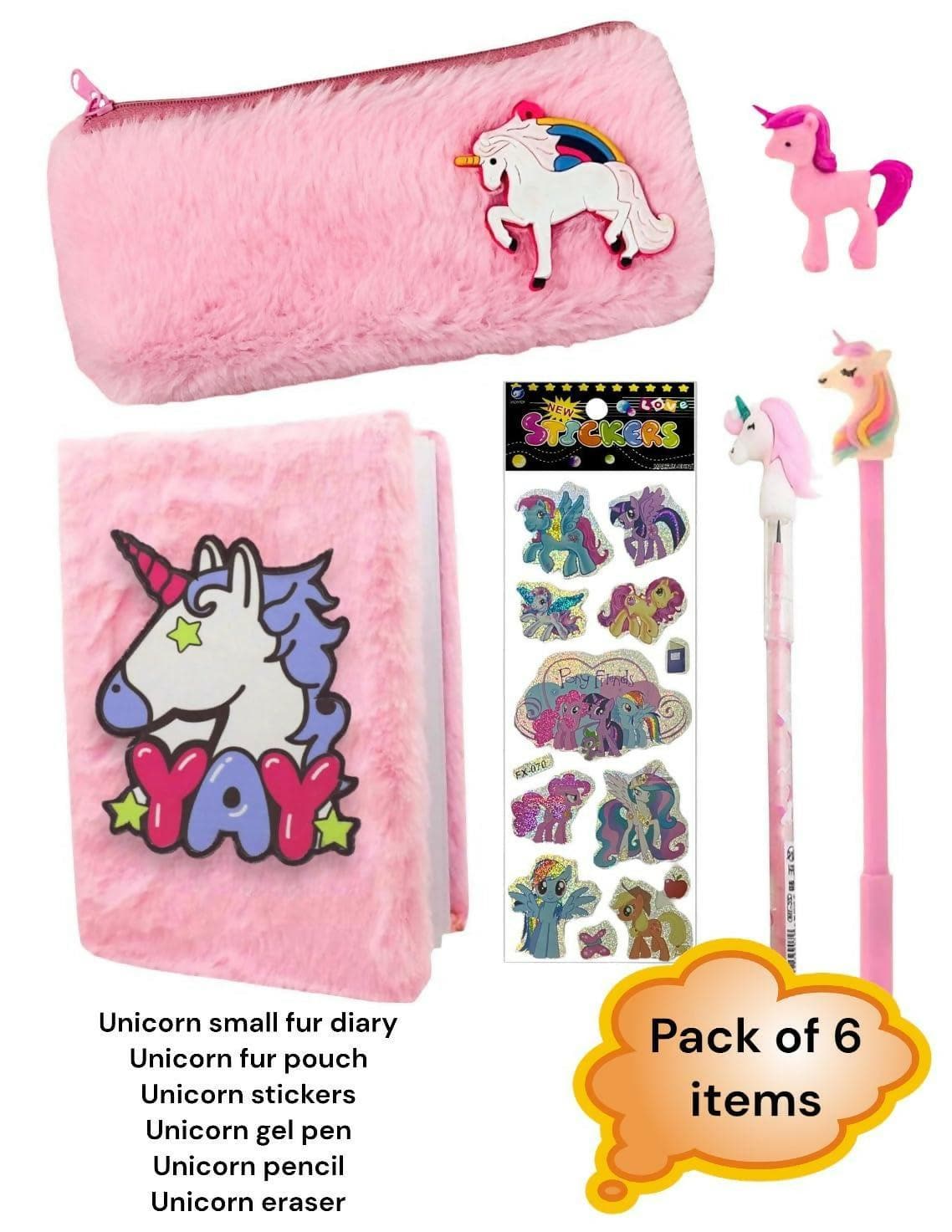 Unicorn Fur Pouch , Pen , Pencil , Eraser & Stickers - HalfPe