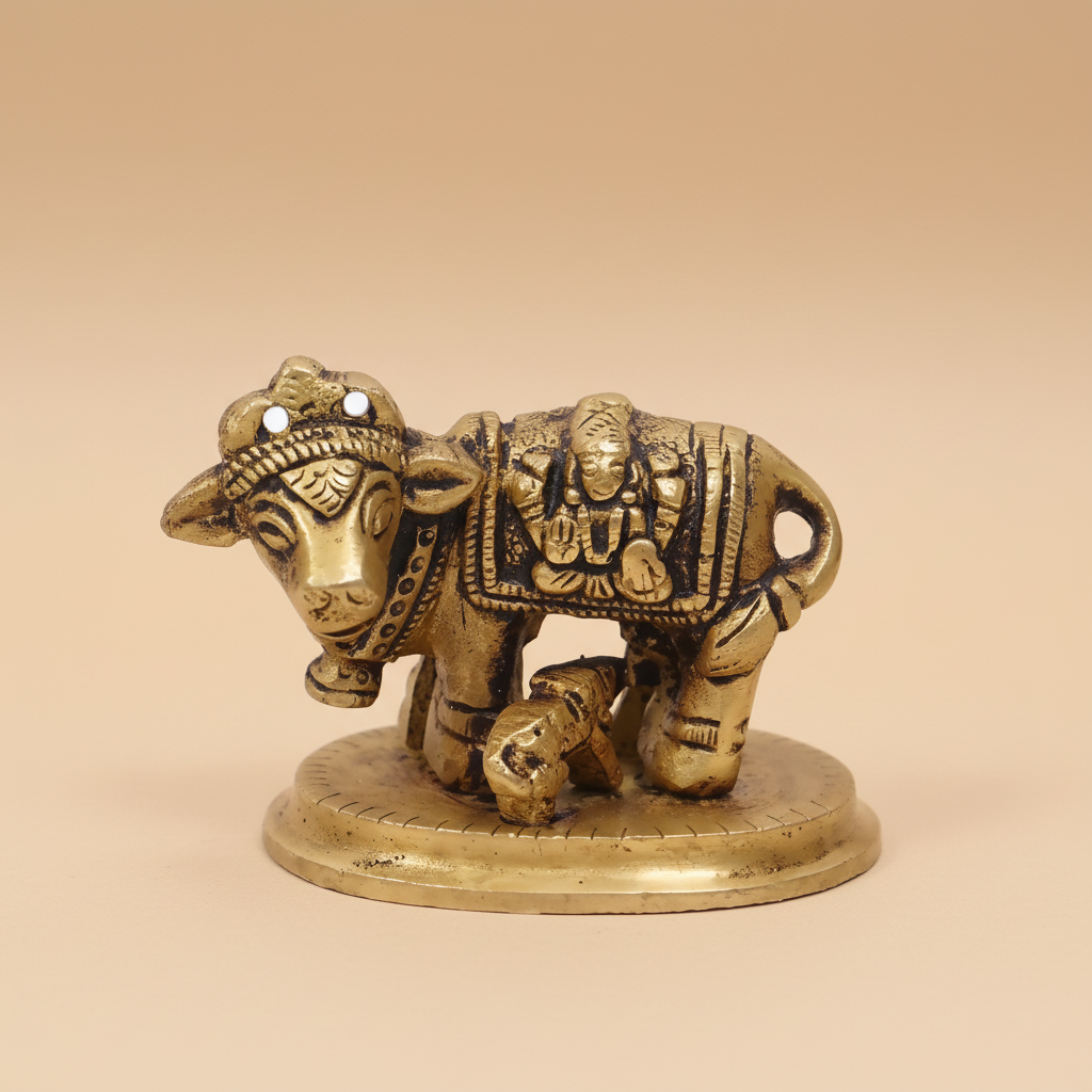 Classic Divine - Brass Kamdhenu Cow with Calf Idol - 4cm SUPER