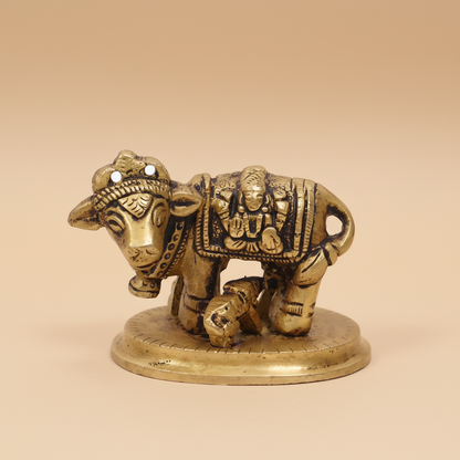 Classic Divine - Brass Kamdhenu Cow with Calf Idol - 4cm SUPER