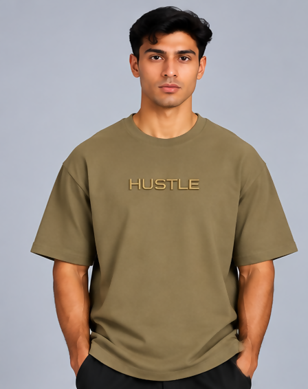 HUSTLE Men's Crew Neck Oversized Tees - Khaki