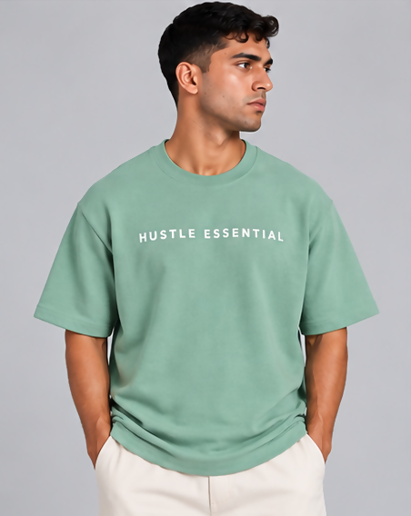 HUSTLE Men's Crew Neck Oversized T-Shirt – Teal Green
