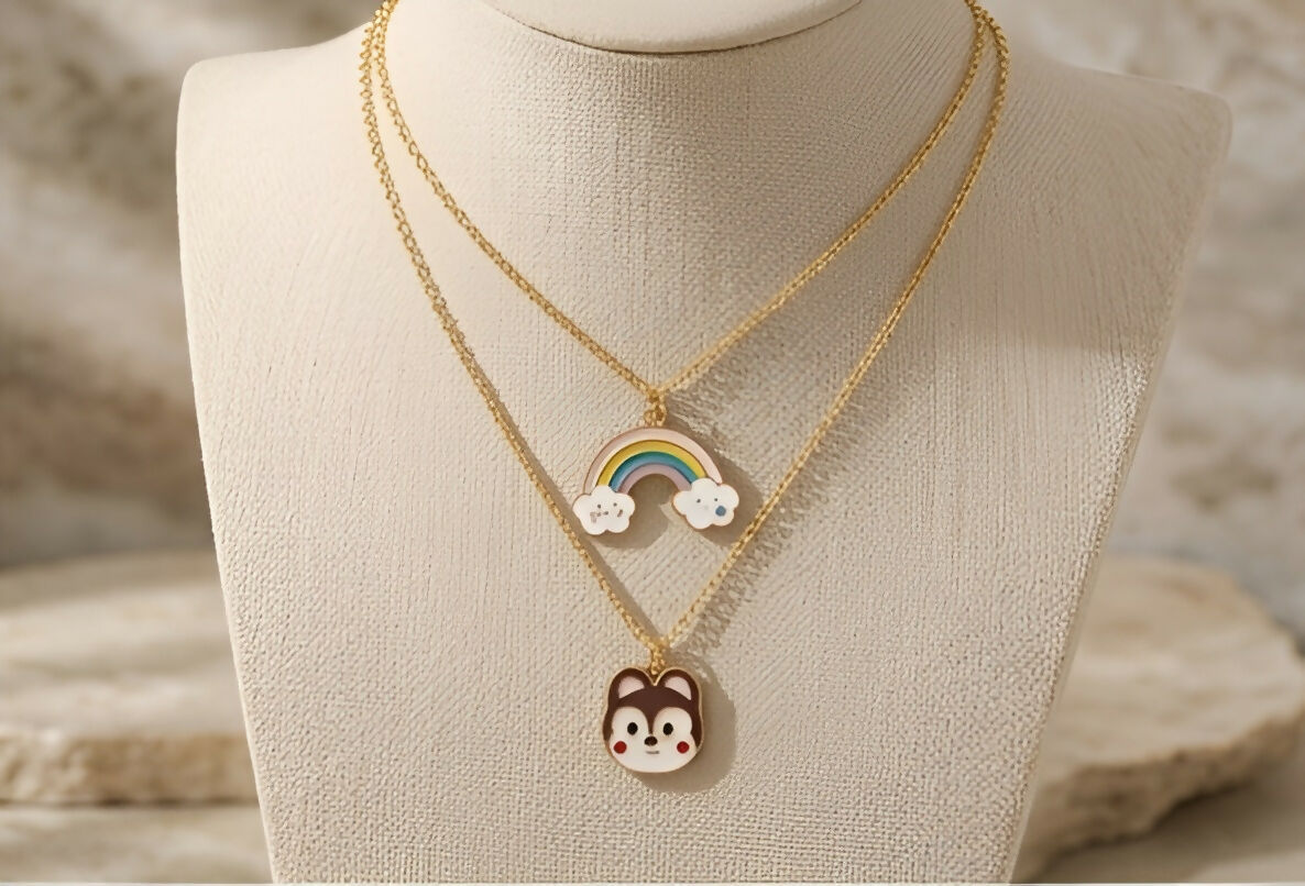 Set of 2 Rainbow & Bear Pendant Necklaces – Gold-Plated Jewelry