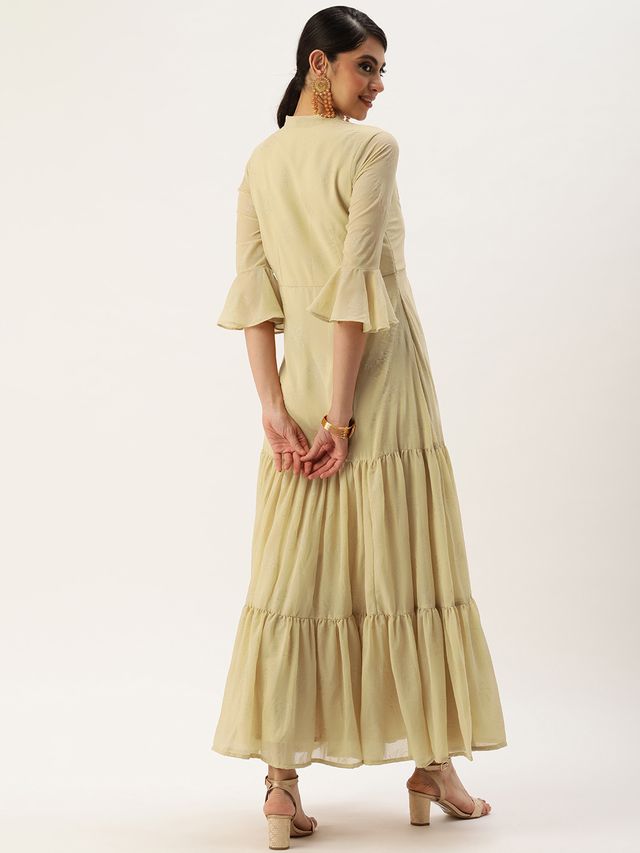 Bollywood Vogue Ready To Wear Beige Georgette Foil Printed Maxi Dress