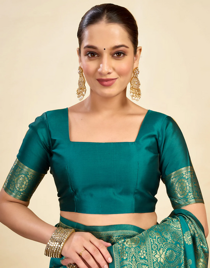 Royal Emerald Jacquard Saree with Golden Zari Work & Heavy Brocade Border