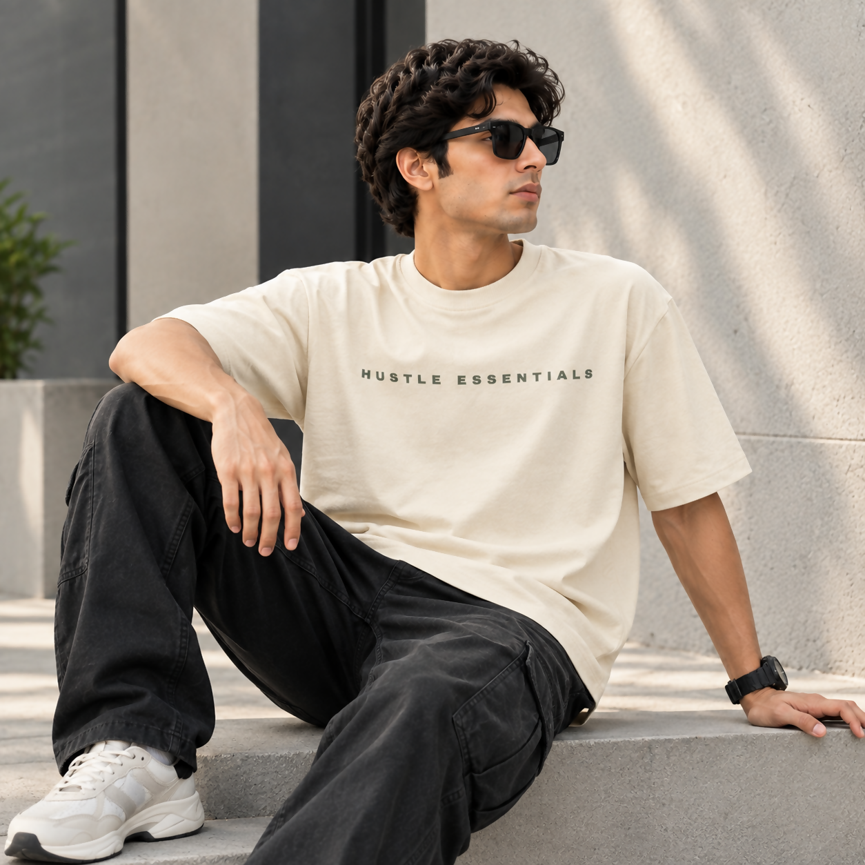 Men’s Oversized Hustle Essentials Printed T-Shirt – Cream