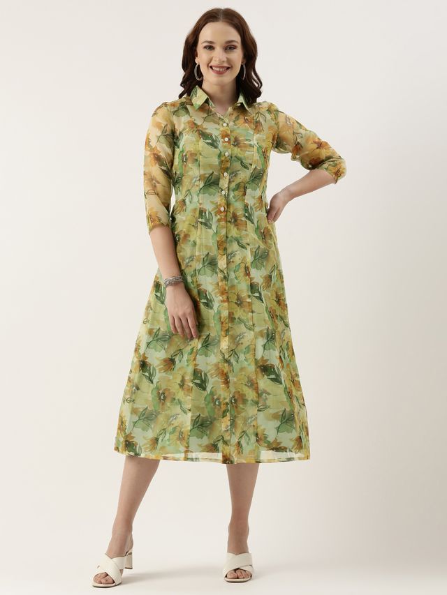 Bollywood Vogue Ready To Wear Yellow Organza Digital Printed Coat Style Dress