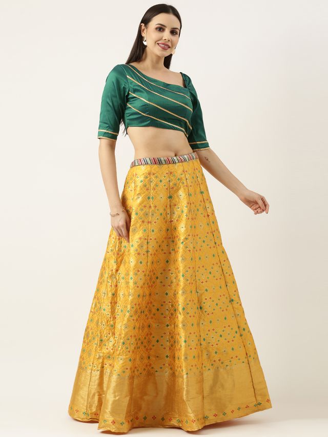 Bollywood Vogue Ready To Wear Green N Yellow Jacquard Skirt Set