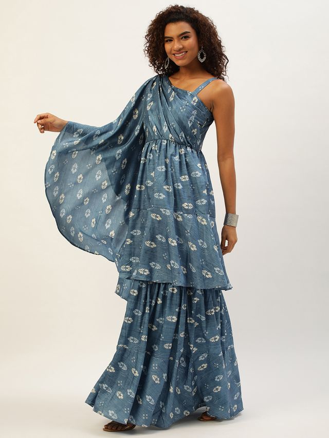 Bollywood Vogue Ready To Wear Blue Art Silk Digital Printed Gown