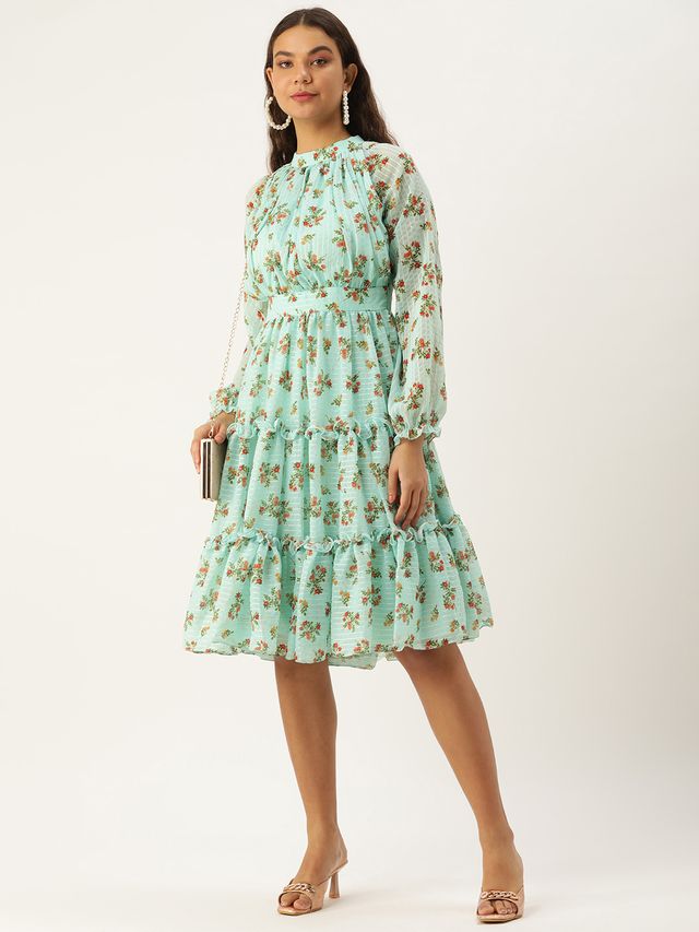 Bollywood Vogue Ready To Wear Mint Green Georgette Digital Printed Dress