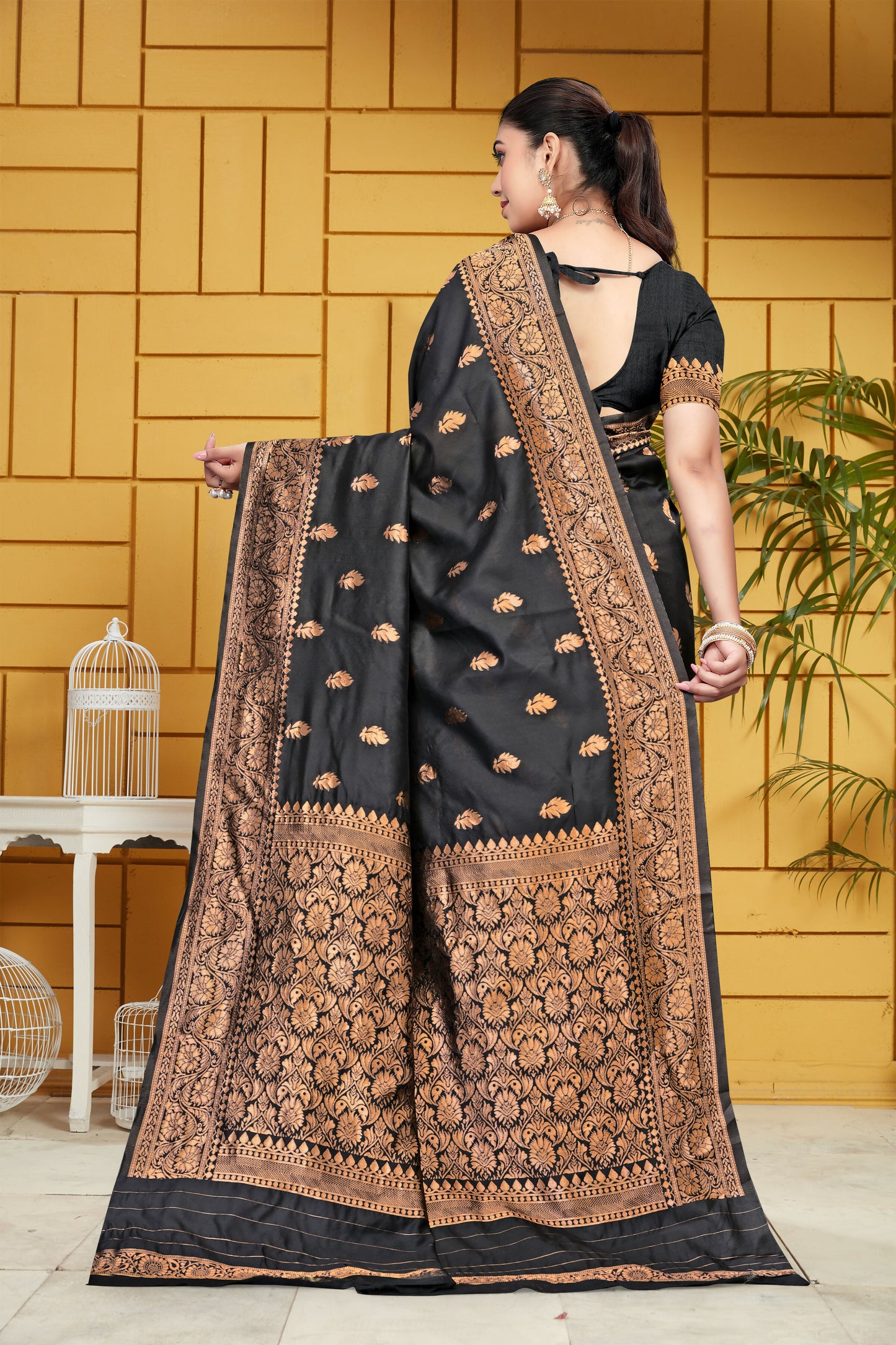 AXONIT Midnight Majesty Jacquard Saree in Black with Antique Gold Zari Work