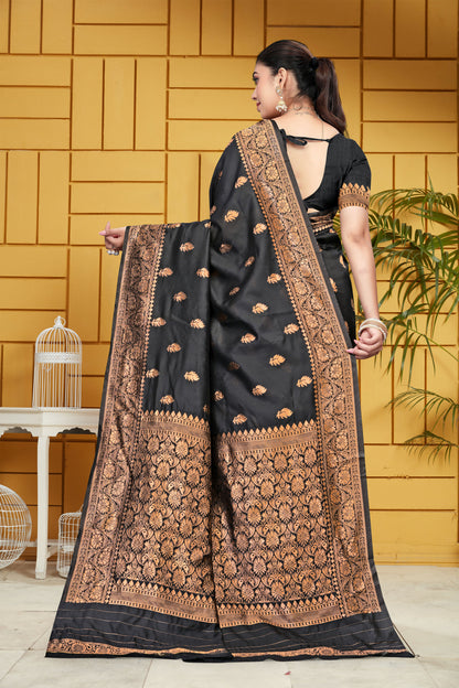 AXONIT Midnight Majesty Jacquard Saree in Black with Antique Gold Zari Work