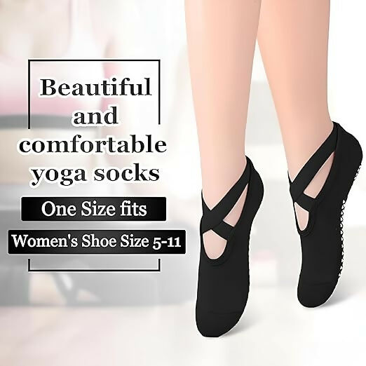 Women’s Non-Slip Yoga Socks with Straps Grip Socks for Pilates, Barre, Ballet & Dance Workouts (Black)