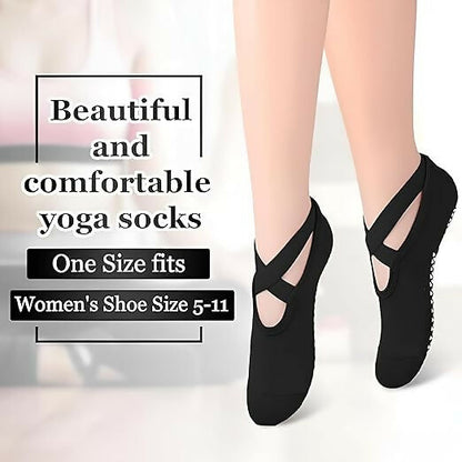 Women’s Non-Slip Yoga Socks with Straps Grip Socks for Pilates, Barre, Ballet & Dance Workouts (Black)