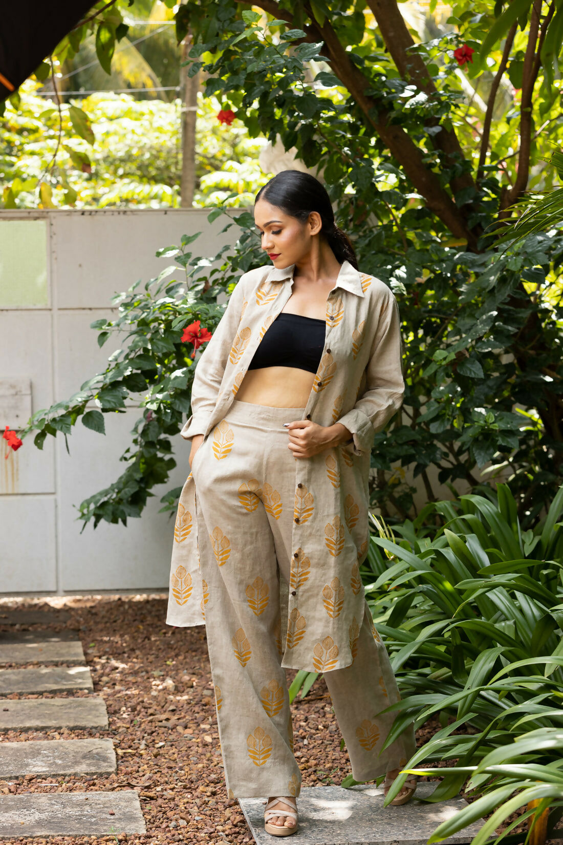 Maple Comfortable Linen Hand Printed Mustard Shirt Dress With Full Sleeves Studio Sienna