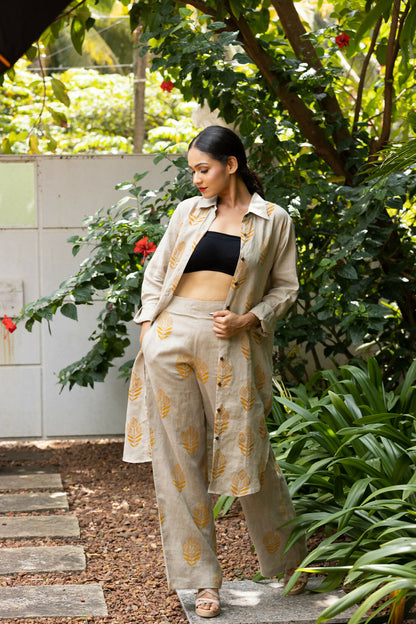 Maple Comfortable Linen Hand Printed Mustard Shirt Dress With Full Sleeves Studio Sienna