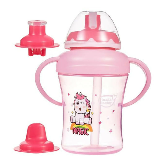 Buddsbuddy bpa free antispill baby training sipper (spout+straw+drinking sucker) set pink (210ml)