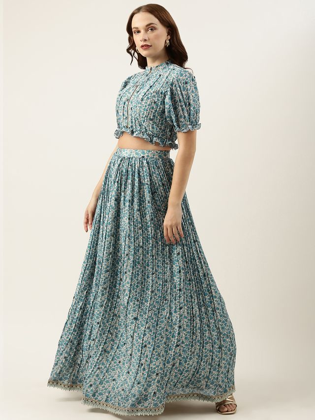 Bollywood Vogue Ready To Wear Blue Chinon Printed N Embroidered Lehenga Set