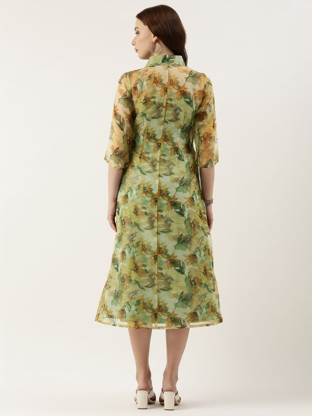 Bollywood Vogue Ready To Wear Yellow Organza Digital Printed Coat Style Dress