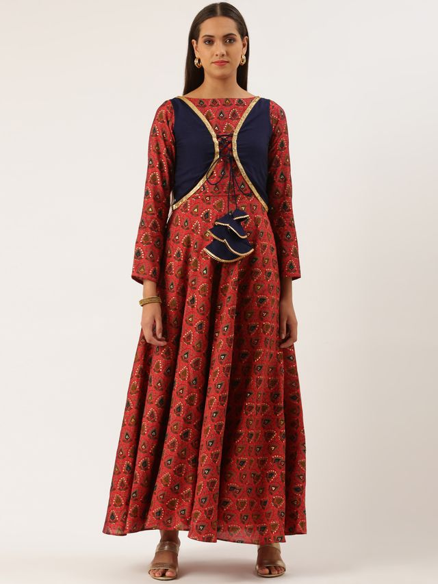 Bollywood Vogue Ready To Wear Pink N Blue Printed Jacket Anarkali Suit
