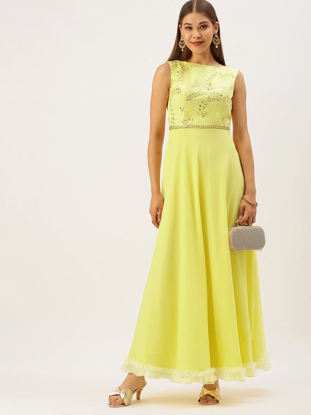Bollywood Vogue Ready To Wear Yellow Embroidered Boat Neck Gown