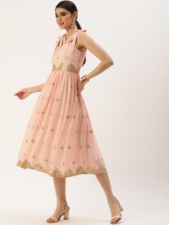 Bollywood Vogue Ready To Wear Mauve Embroidered Strap Neck Dress