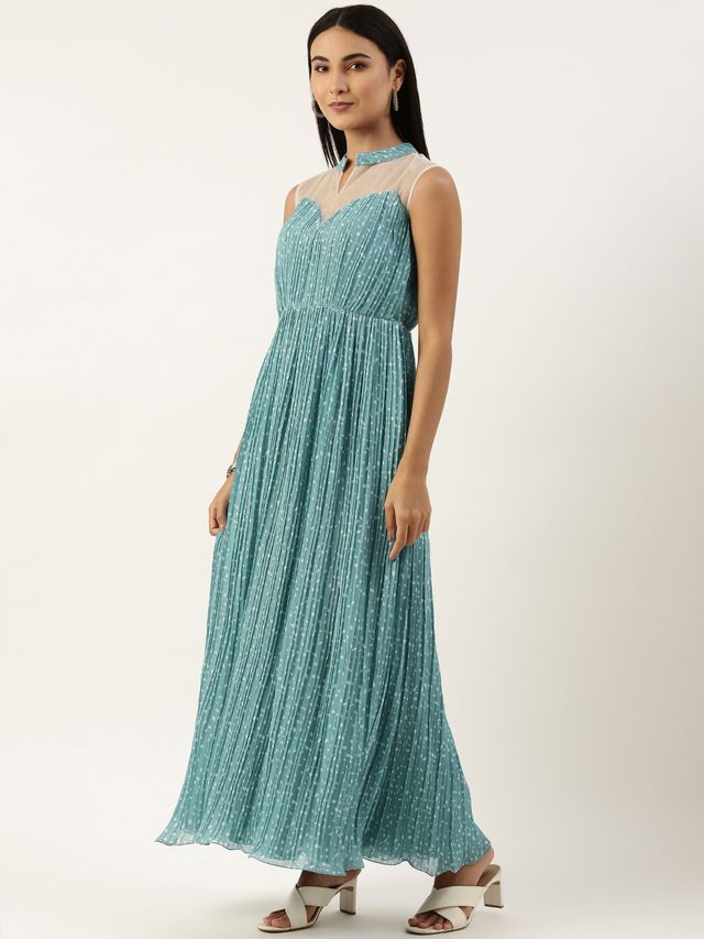 Bollywood Vogue Ready To Wear Blue N White Printed Pleated Georgette Gown