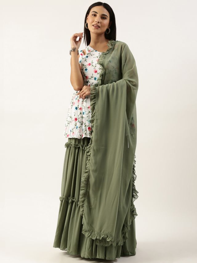 Bollywood Vogue Ready To Wear White Embroidered N Green Georgette Salwar Set