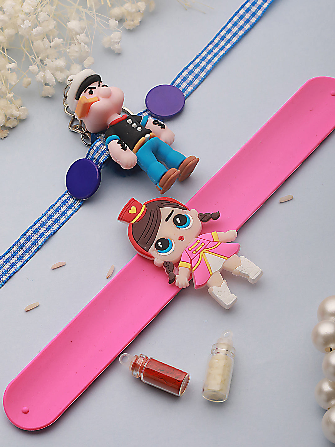 Set Of 2 Popeye Cartoon & Girl Band Kids Rakhi With Roli & Chawal