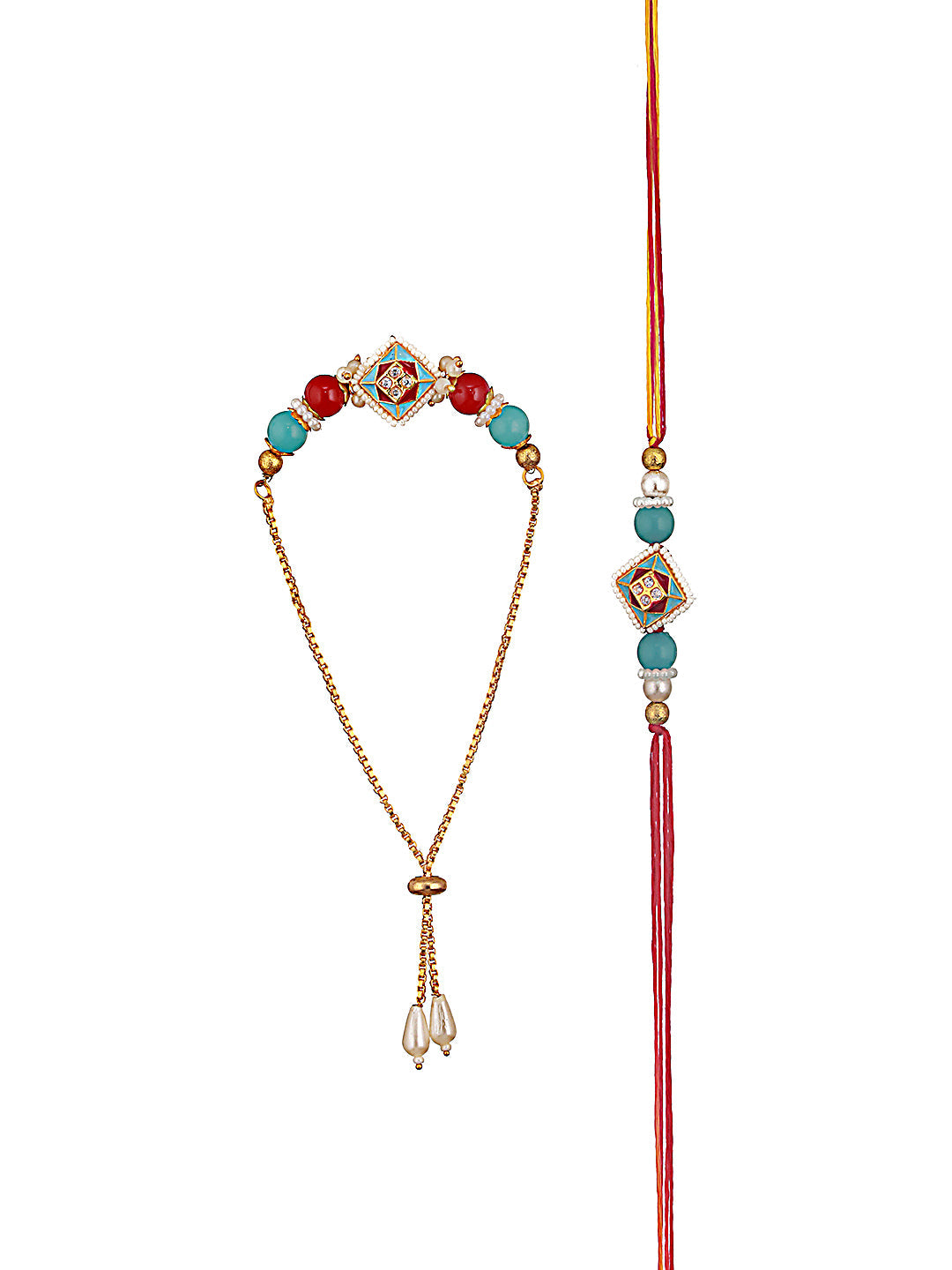 Jazz And Sizzle Set Of 2 Kundan Studded & Pearl Beaded Minakari Bhaiya Bhabhi Chain Rakhi With Roli & Chawal