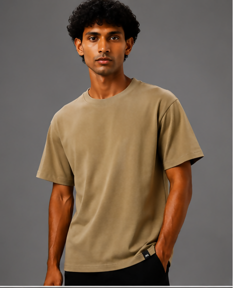 HUSTLE Men's Crew Neck Relaxed Fit T-Shirt – Khaki(relax fit)
