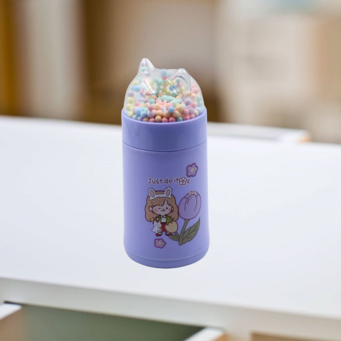 350ml Girls’ Glass Water Bottle Sparkle Strap & Cat Lid