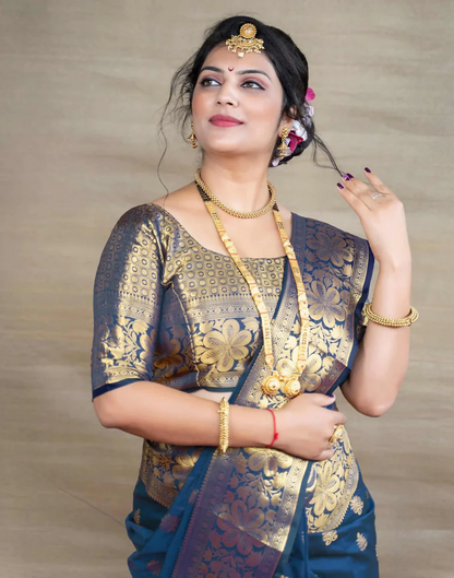 AXONIT Royal Emerald Jacquard Saree with Broad Golden Zari Border & Pallu