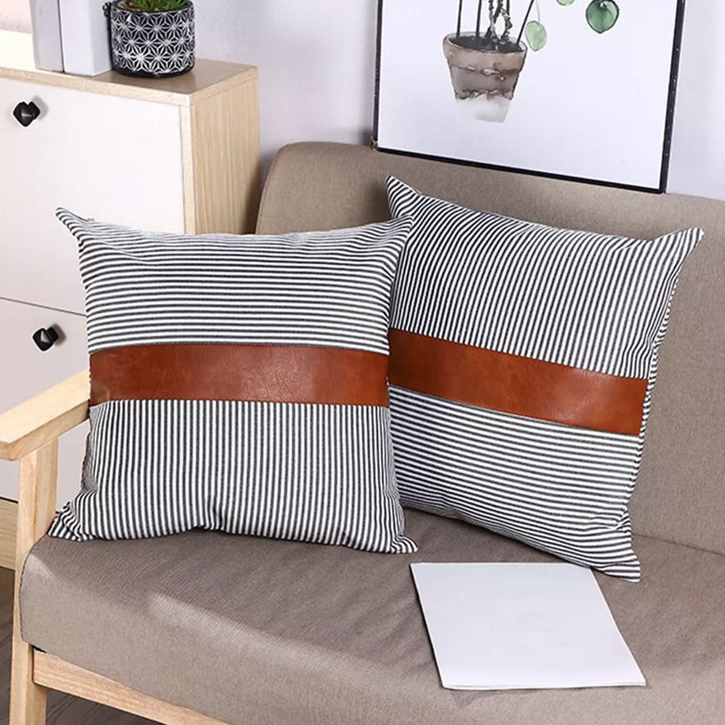 Leather & Cotton Pillow Covers 20x20 Inch (2 Pc Set)
