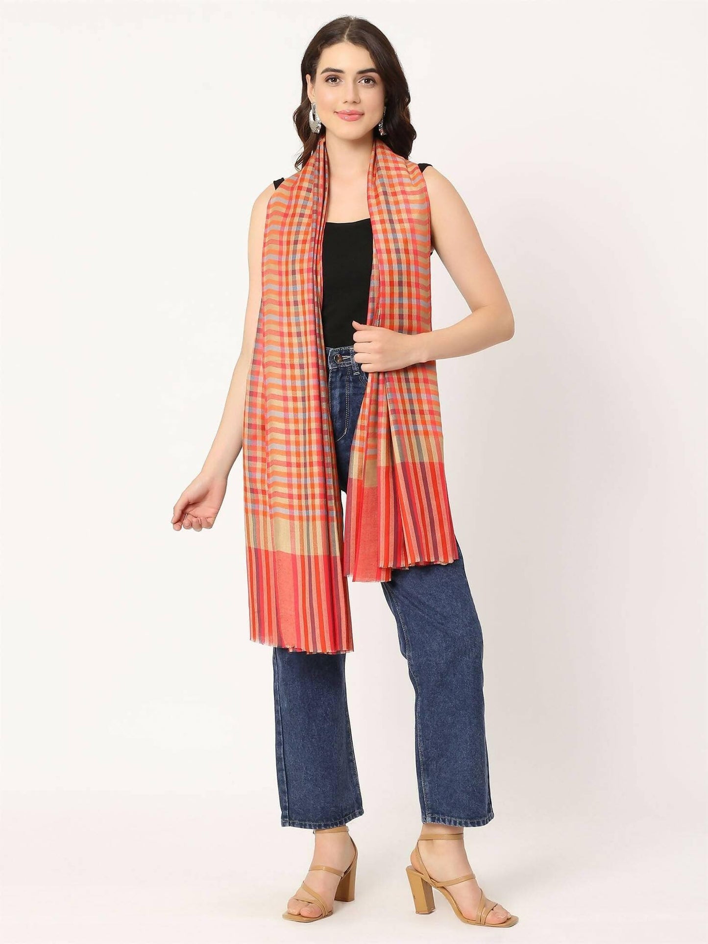 Orange Blue Multicolour Check Shawl for women - HalfPe