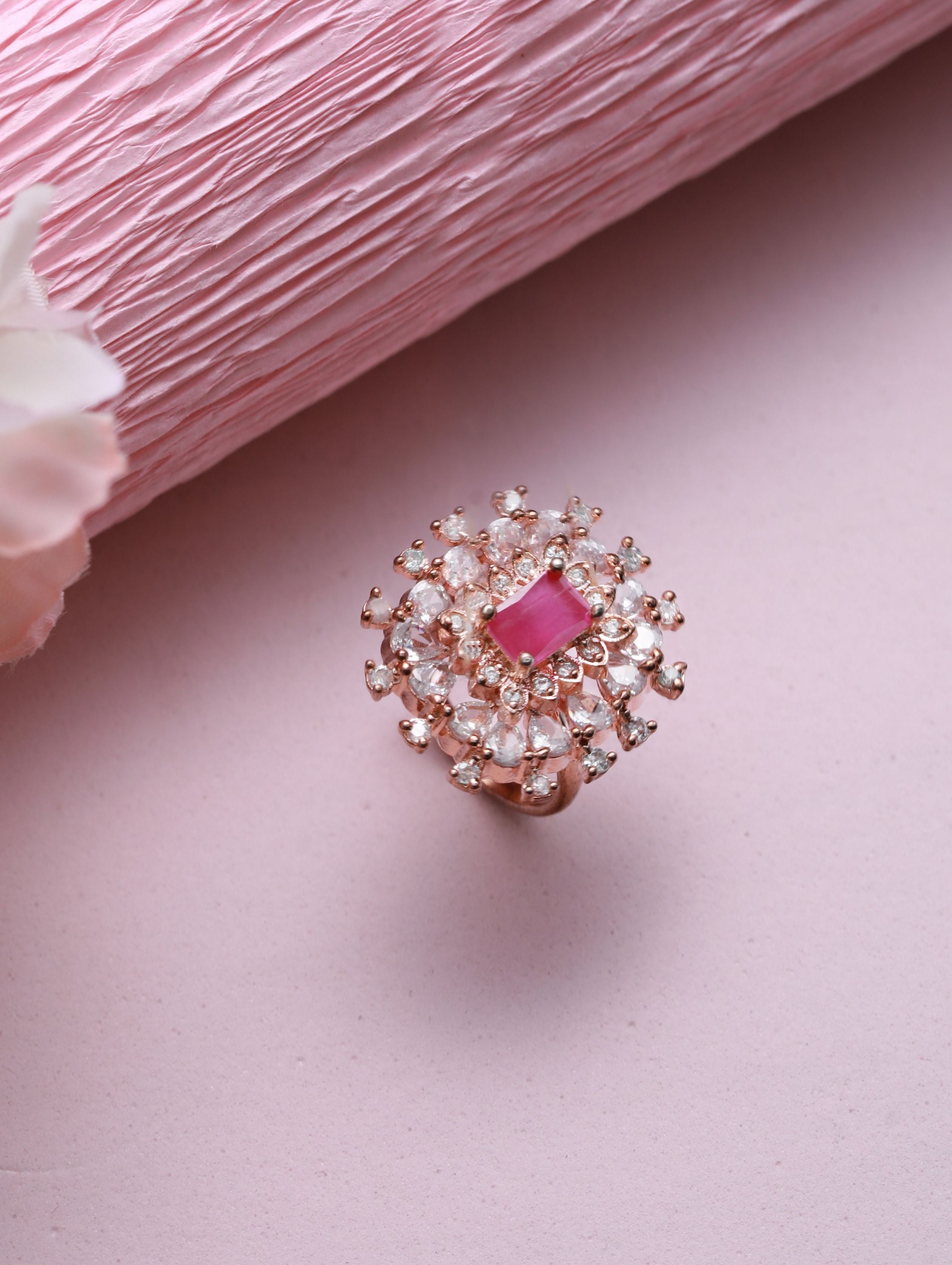 Rose Gold Plated & Pink American Diamond Studded Cocktail Ring
