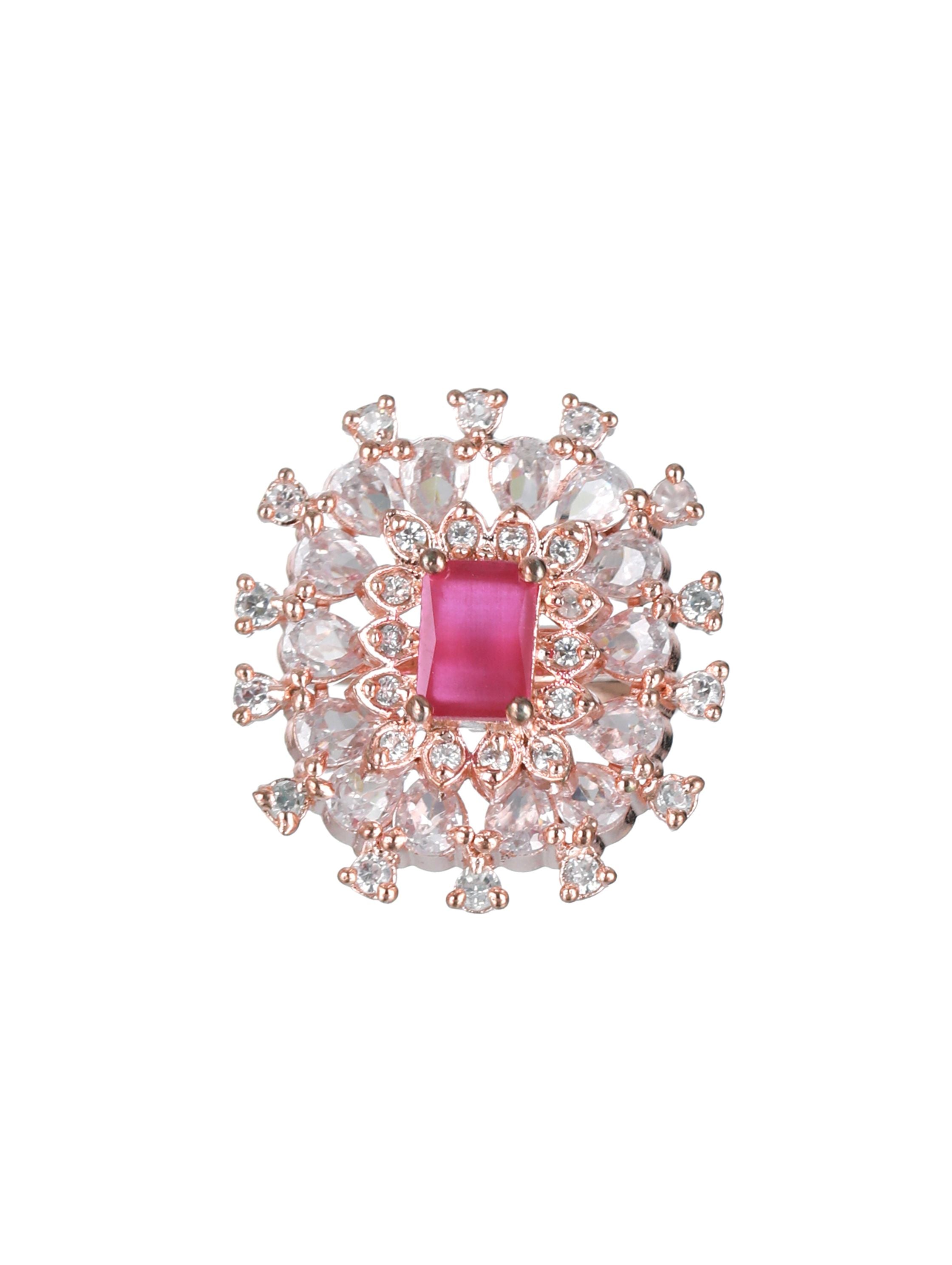 Rose Gold Plated & Pink American Diamond Studded Cocktail Ring