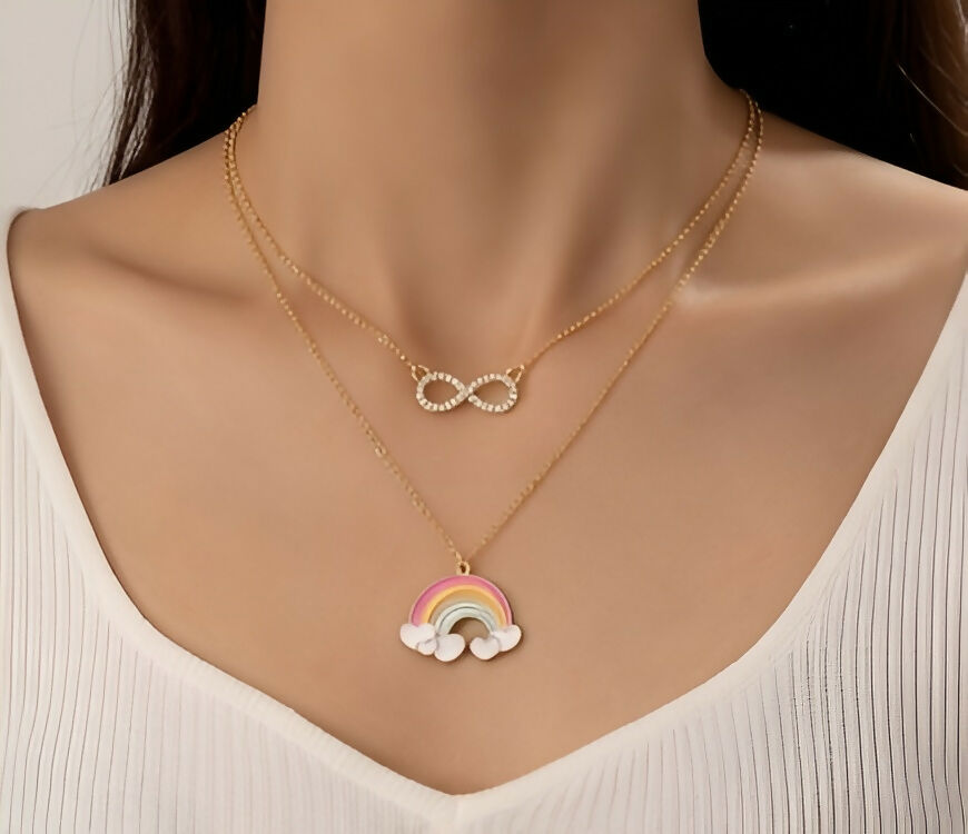 Set of 2 Rainbow & Infinity Pendant Necklaces for Women & Girls