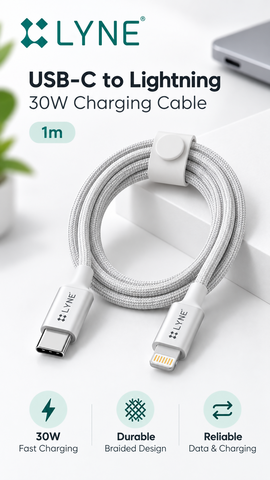LYNE Flexy 65i Startup-34 30W USB-C to Lightning Fast Charging Cable – 1 Metre, White