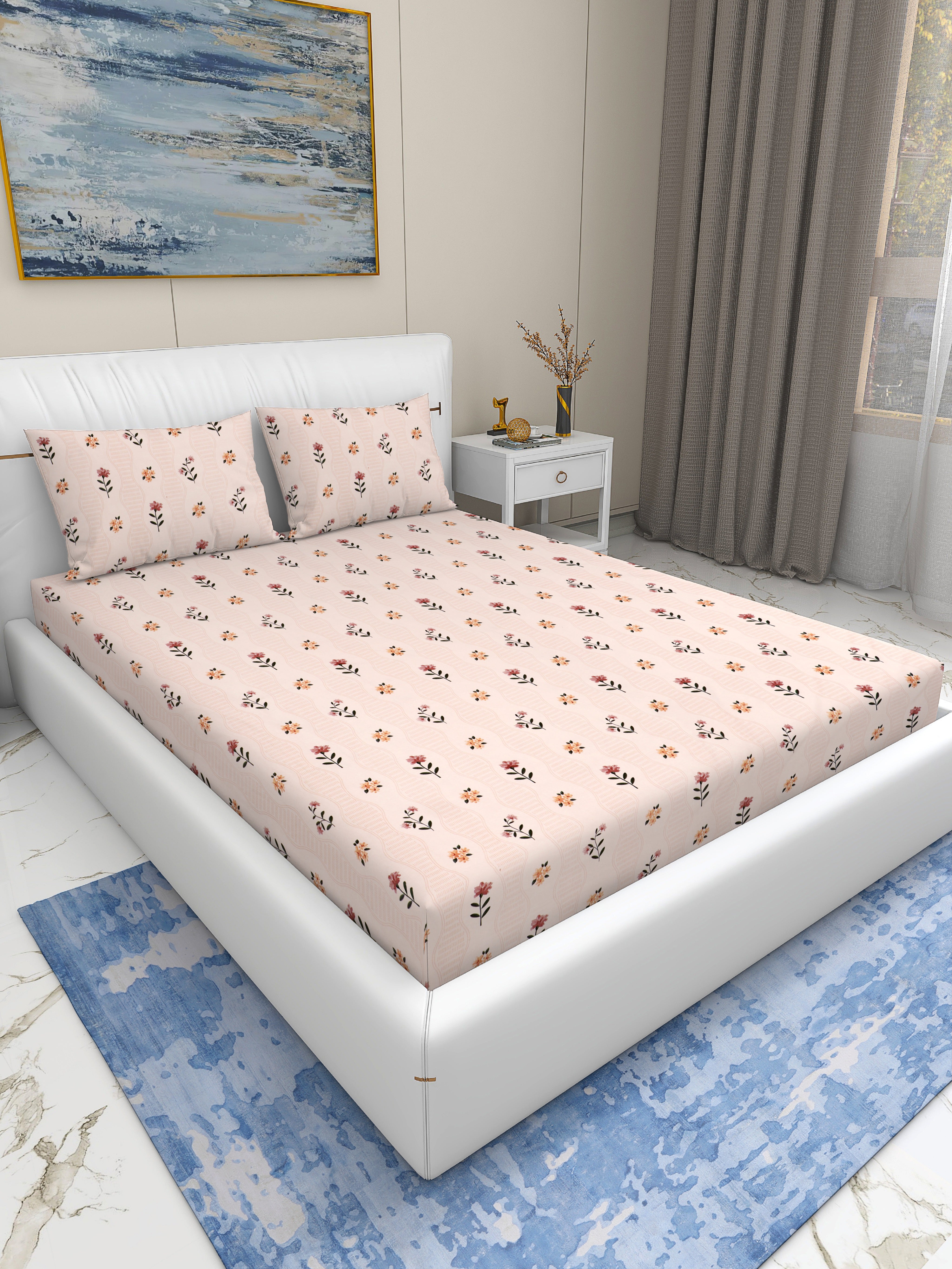 Rome Collection Cotton 220 TC Fitted Queen Bedsheet with 2 Pillow Covers - Beige